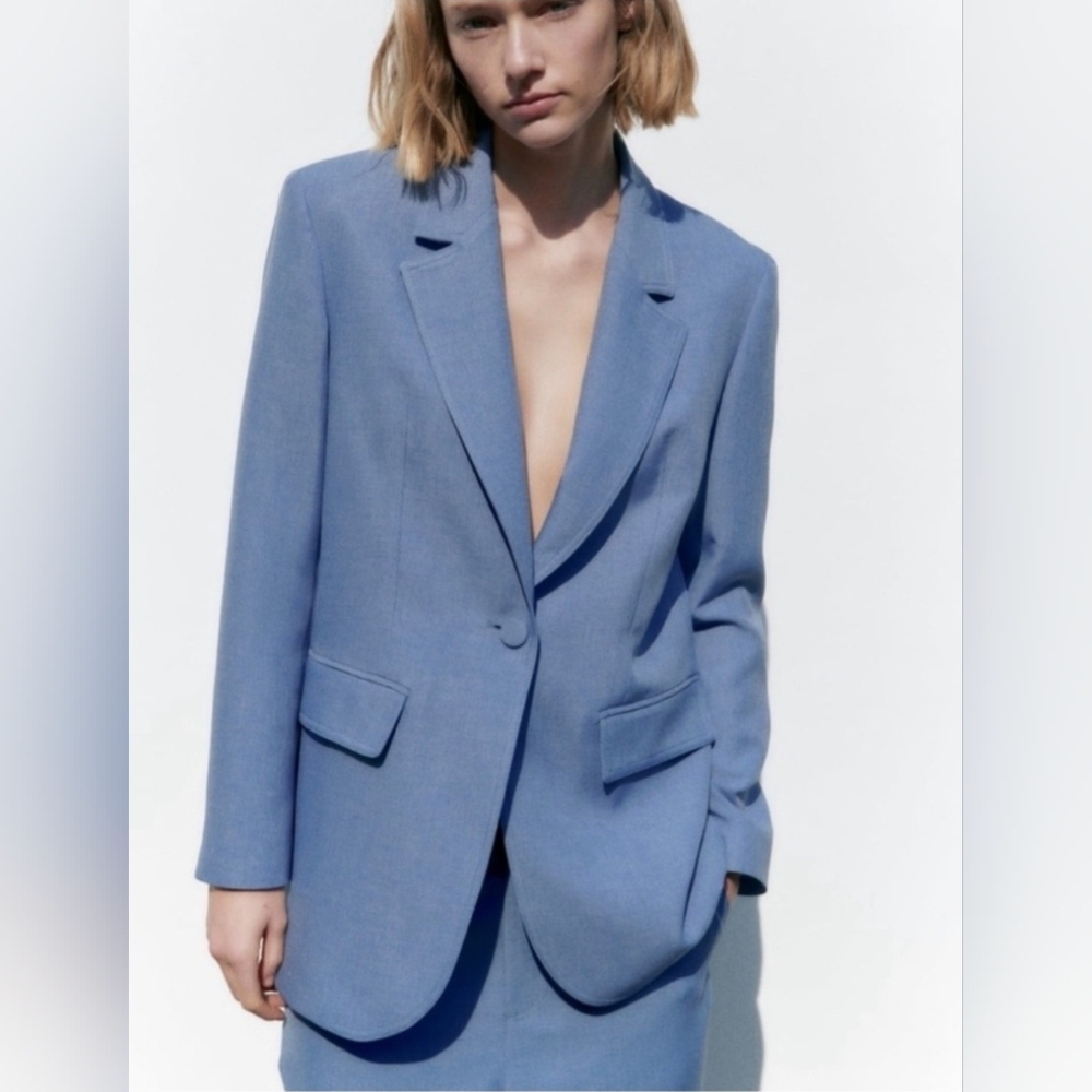 NWT Zara Baby Blue One Button Blazer with Notched Lapels and Tailored Fit XS